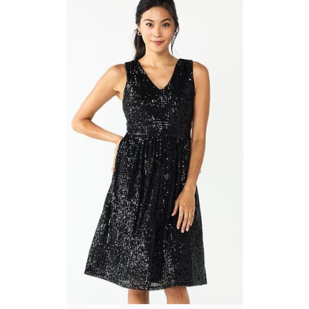 DRAPER JAMES Sleeveless Empire Sequined Shimmer A Line Black Evening Mini Dress